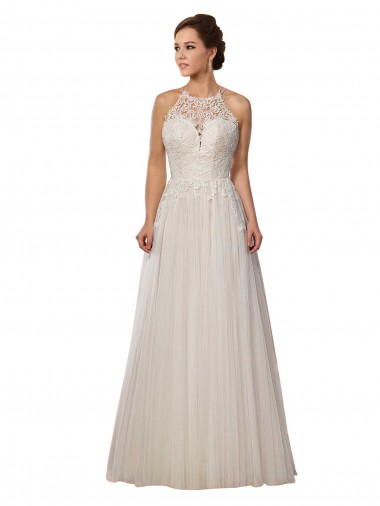A-Line Illusion Neck Tulle Sweep Train Ivory Wedding Dress Sydney