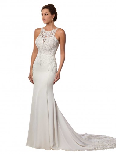 Sheath High Neck Lace Chapel Train Ivory Modern Wedding Dress Sydney