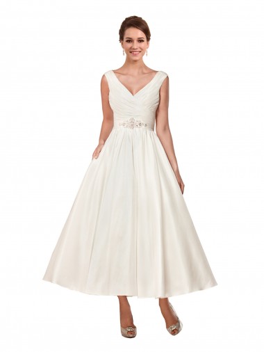 A-Line V-Neck Satin Ankle Length Ivory Wedding Dress Sydney