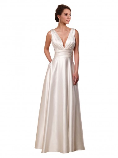 A-Line V-Neck Satin Chapel Train Ivory Wedding Gowns Sydney