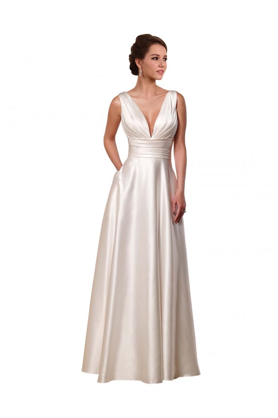 A-Line V-Neck Satin Chapel Train Ivory Wedding Gowns Sydney