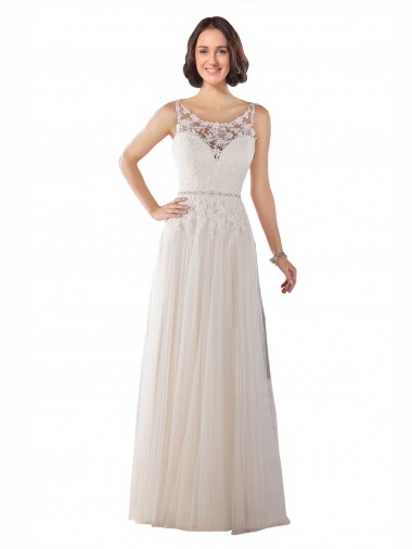 A-Line Illusion Neck Tulle Sweep Train Ivory & Champagne Boho Wedding Dress Sydney