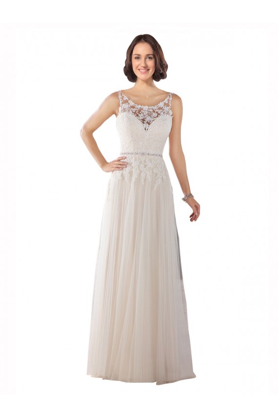 A-Line Illusion Neck Tulle Sweep Train Ivory & Champagne Boho Wedding Dress Sydney