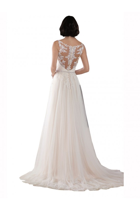 A-Line Illusion Neck Tulle Sweep Train Ivory & Champagne Boho Wedding Dress Sydney