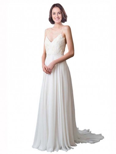 A-Line V-Neck Soft Chiffon & Lace Chapel Train Ivory Beach Wedding Dress Sydney