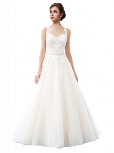 A-Line Illusion Neck Tulle & Lace Cathedral Train Ivory Beach Wedding Dress Sydney