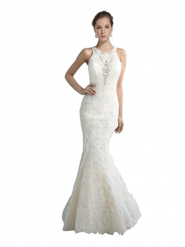 Mermaid Illusion Neck Tulle Chapel Train Ivory Beach Wedding Dress Sydney