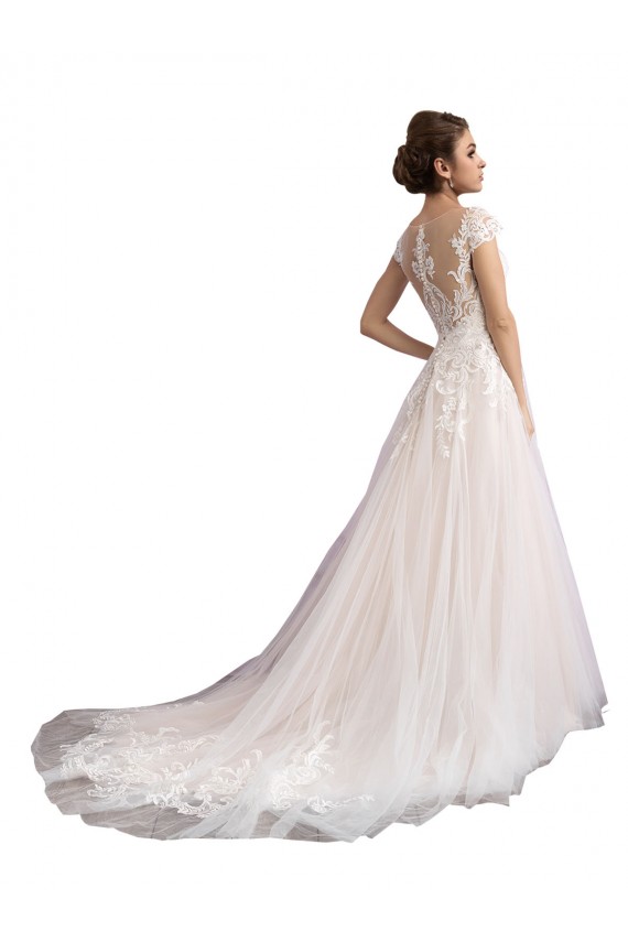 A-Line Illusion Neck Tulle & Lace Cathedral Train Ivory & Champagne Beach Wedding Dress Sydney