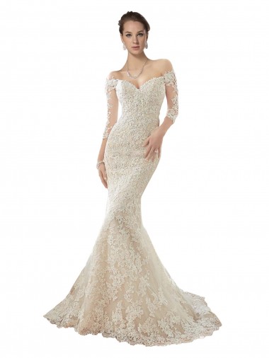 Mermaid Off the Shoulder Tulle & Lace Chapel Train Ivory & Champagne Wedding Dress Sydney