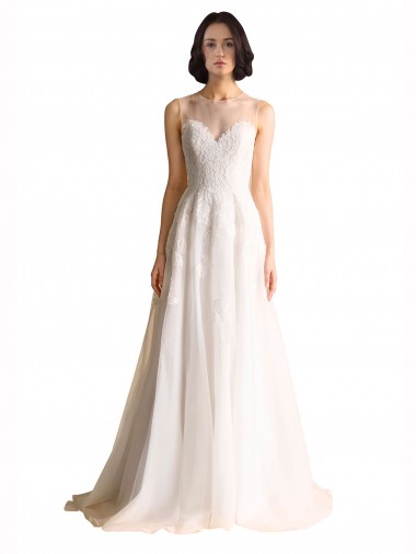 A-Line Illusion Neck Tulle Chapel Train Ivory Wedding Dress Sydney