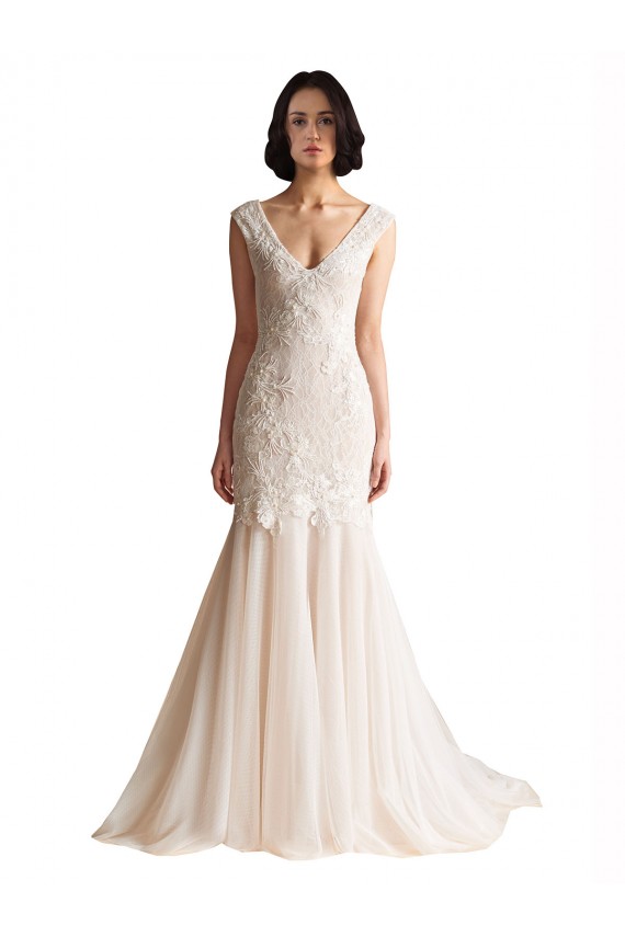 Mermaid V-Neck Tulle Sweep Train Ivory & Champagne Wedding Dress Sydney