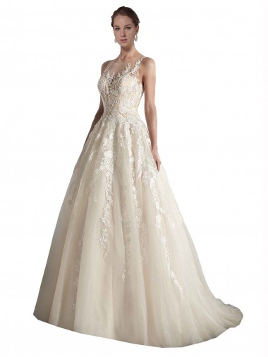 A-Line Illusion Neck Tulle Chapel Train Ivory & Champagne Wedding Dress Sydney