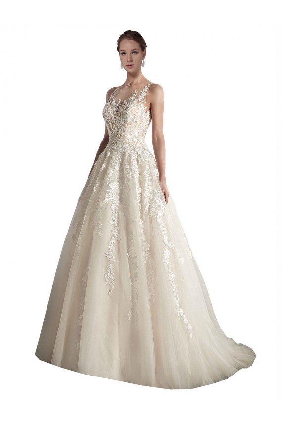 A-Line Illusion Neck Tulle Chapel Train Ivory & Champagne Wedding Dress Sydney