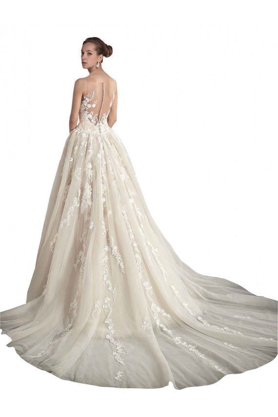 A-Line Illusion Neck Tulle Chapel Train Ivory & Champagne Wedding Dress Sydney