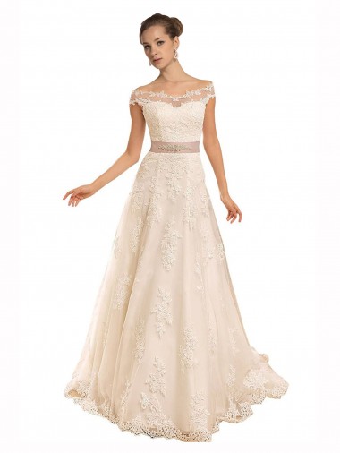 A-Line Off the Shoulder Lace Chapel Train Ivory Beach Wedding Dress Sydney