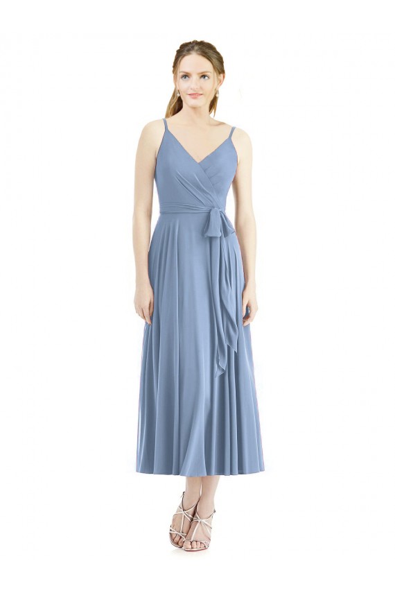 A-Line Spaghetti Straps Soft Chiffon Tea Length Dusty Blue Bridesmaid Dress Sydney
