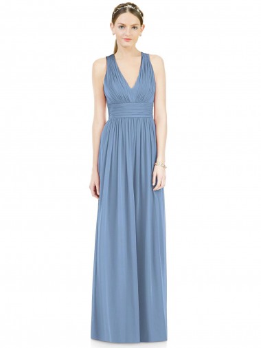 A-Line V-Neck Chiffon Long Dusty Blue Bridesmaid Gowns Sydney