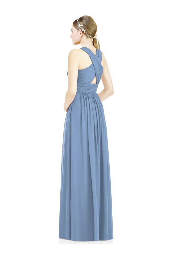 A-Line V-Neck Chiffon Long Dusty Blue Bridesmaid Gowns Sydney