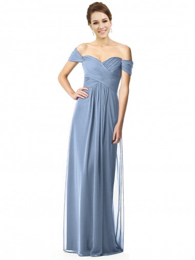 A-Line Off the Shoulder Soft Chiffon Long Dusty Blue Bridesmaid Dress Sydney