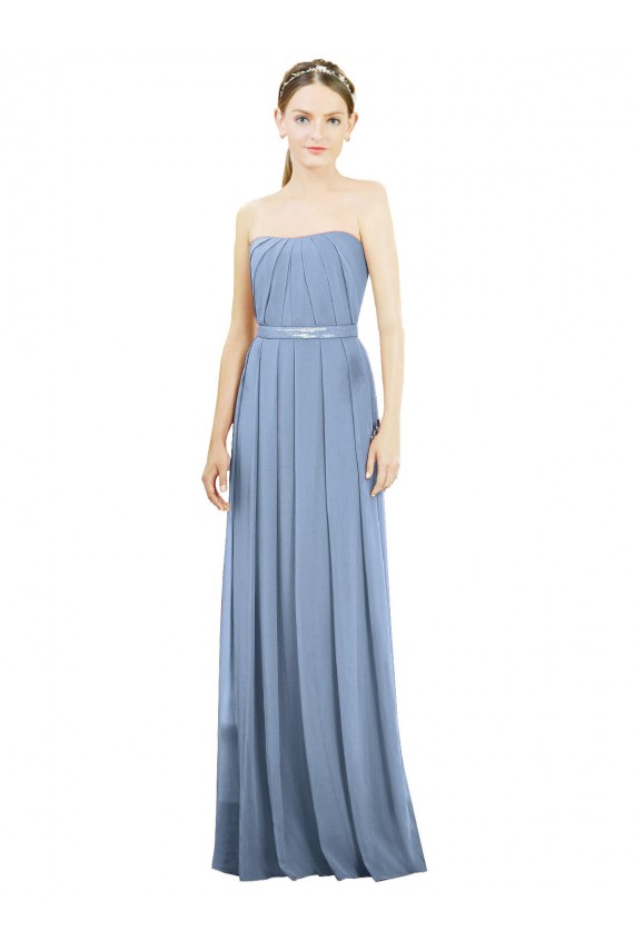 A-Line Strapless Soft Chiffon Long Dusty Blue Bridesmaid Dress Sydney