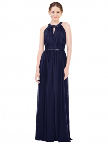 A-Line High Neck Soft Chiffon Long Dark Navy Bridesmaid Dress / Formal Dress Sydney