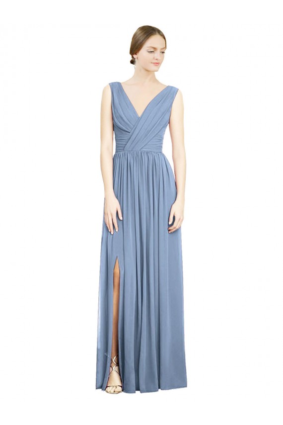 A-Line V-Neck Soft Chiffon Long Dusty Blue Semi Formal Evening Dress / Bridesmaid Dress Sydney