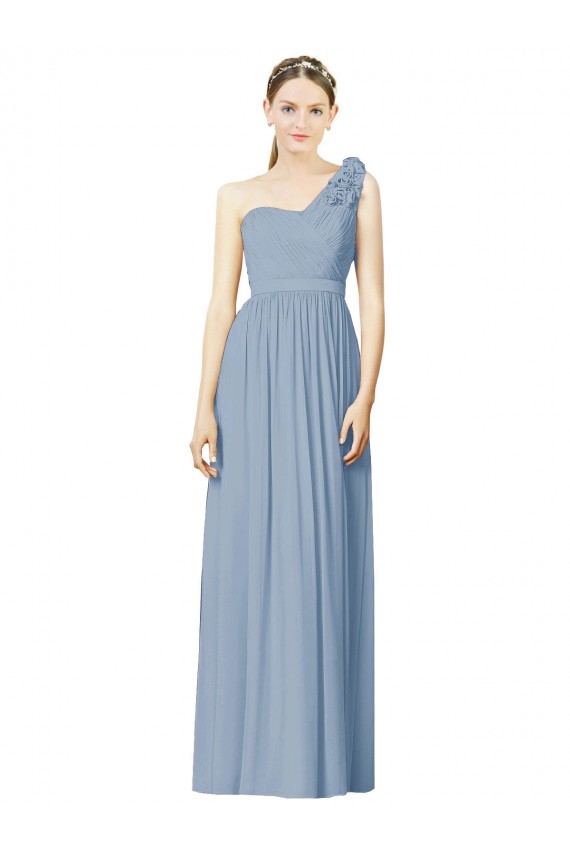 A-Line One Shoulder Soft Chiffon Long Dusty Blue Bridesmaid Dress Sydney