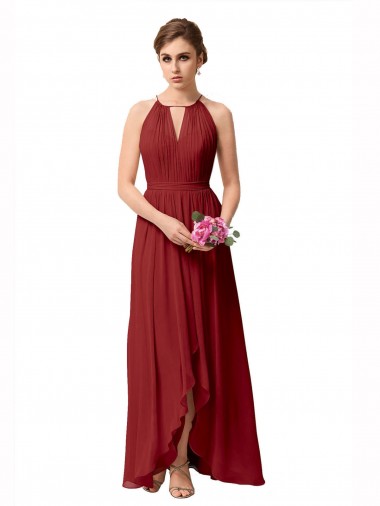 A-Line High Neck Soft Chiffon Burgundy High Low Bridesmaid Dress Sydney