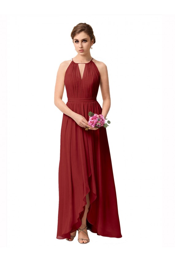 A-Line High Neck Soft Chiffon Burgundy High Low Bridesmaid Dress Sydney