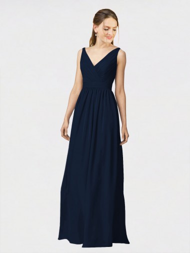 A-Line V-Neck Chiffon Long Dark Navy Bridesmaid Dresses / Formal Dresses Sydney