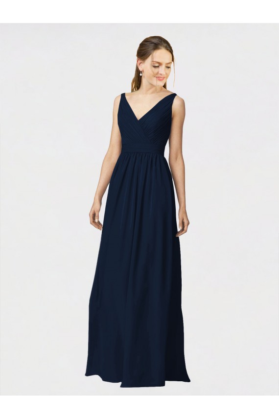 A-Line V-Neck Chiffon Long Dark Navy Bridesmaid Dresses / Formal Dresses Sydney