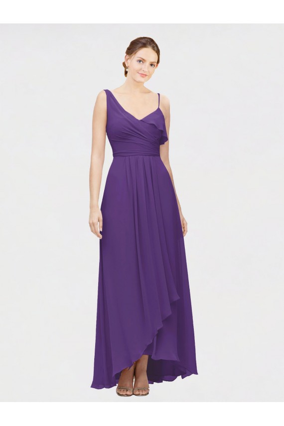 A-Line V-Neck Soft Chiffon Long Plum Purple High Low Bridesmaid Dress Sydney