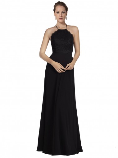 A-Line Halter Neck Soft Chiffon & Lace Long Black Bridesmaid Dress Sydney