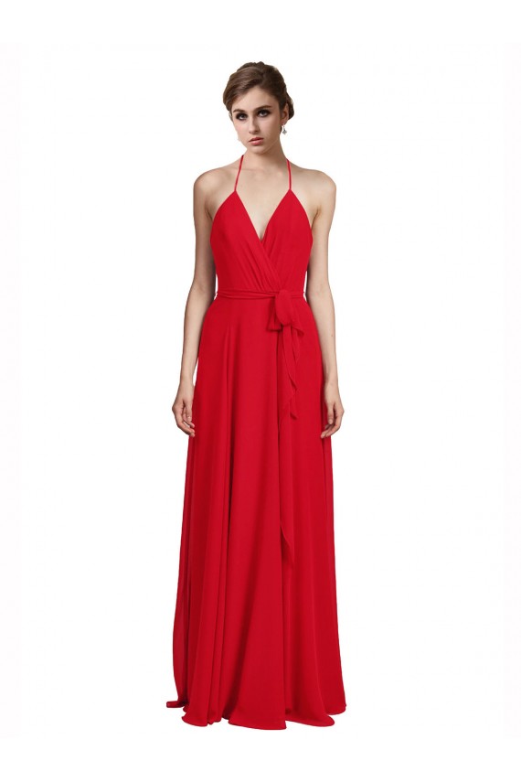 A-Line V-Neck Chiffon Long Red Bridesmaid Dress Sydney