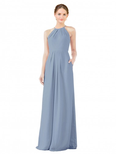 Sheath High Neck Soft Chiffon Long Dusty Blue Bridesmaid Dress Sydney