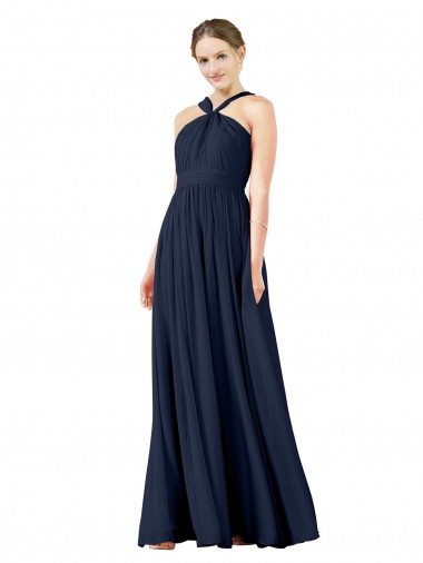 Princess V-Neck Chiffon Long Dark Navy Bridesmaid Gowns Sydney