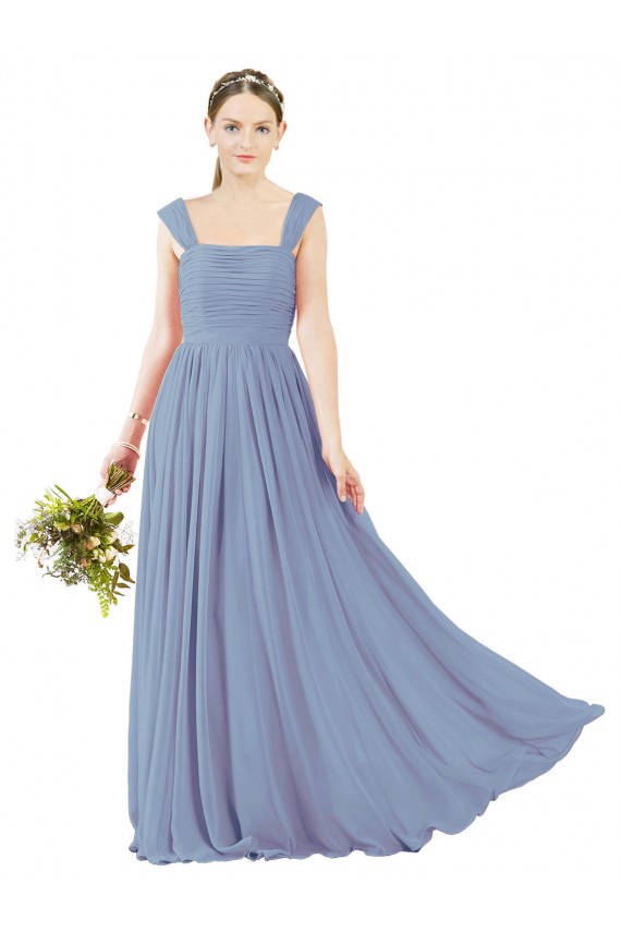 A-Line Square Neck Soft Chiffon Long Dusty Blue Bridesmaid Dress Sydney