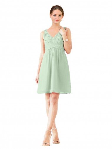 A-Line V-Neck Soft Chiffon Knee Length Sage Bridesmaid Dress Sydney