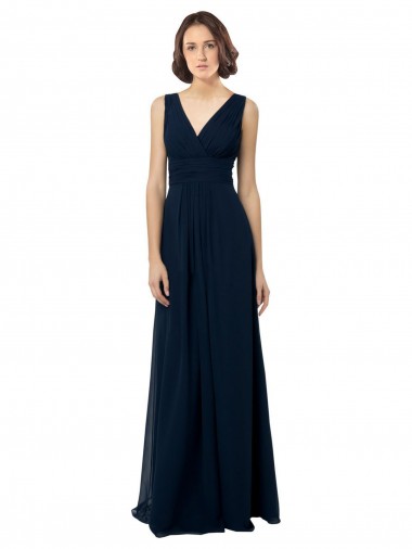 A-Line V-Neck Chiffon Long Dark Navy Bridal Party Dress Sydney