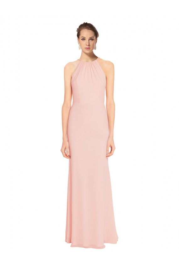 A-Line Halter Neck Soft Chiffon Long Pink Bridesmaid Dress Sydney