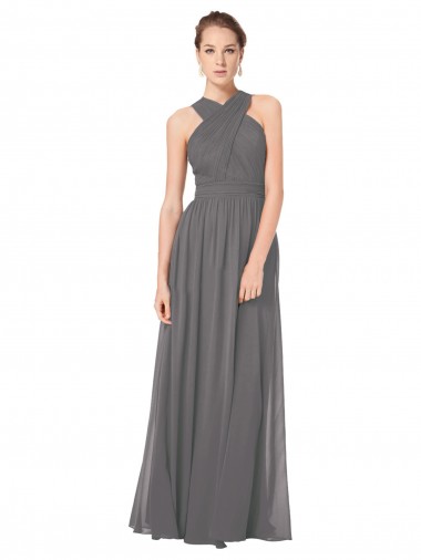 A-Line Halter Neck Soft Chiffon Long Stormy Silver Bridesmaid Dress Sydney