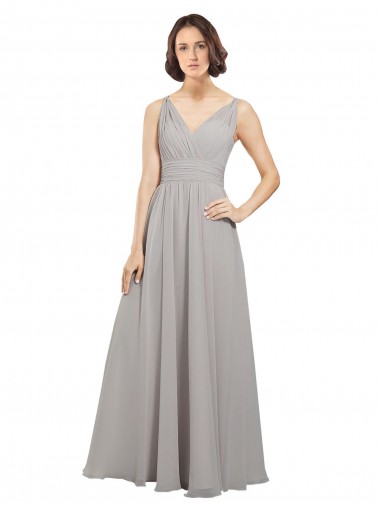 A-Line V-Neck Soft Chiffon Long Oyster Silver Bridesmaid Dress Sydney