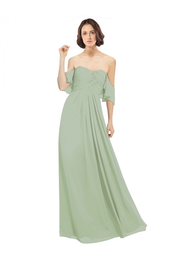 A-Line Off the Shoulder Soft Chiffon Long Smoke Green Bridesmaid Dress Sydney