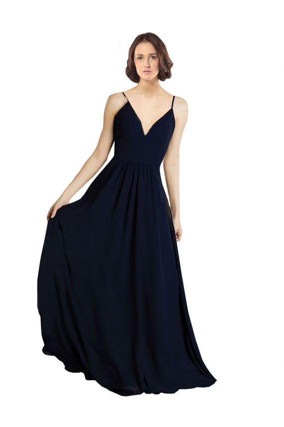 A-Line V-Neck Chiffon Long Dark Navy Bridesmaid Dress & Gowns Sydney