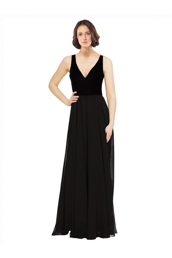 A-Line V-Neck Soft Chiffon & Velvet Long Black Prom Dress / Bridesmaid Dress Sydney