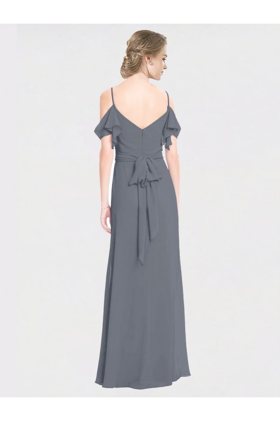A-Line V-Neck Soft Chiffon Long Slate Grey Bridesmaid Dress Sydney