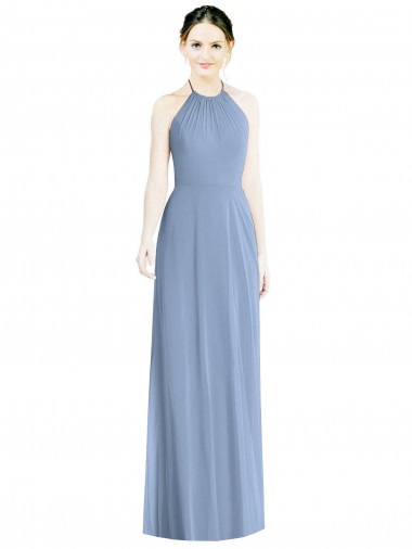 A-Line Halter Neck Chiffon Long Floor Length Dusty Blue Bridesmaid Dress Sydney