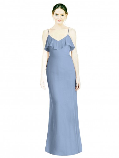 A-Line V-Neck Soft Chiffon Long Dusty Blue Bridesmaid Dresses Sydney