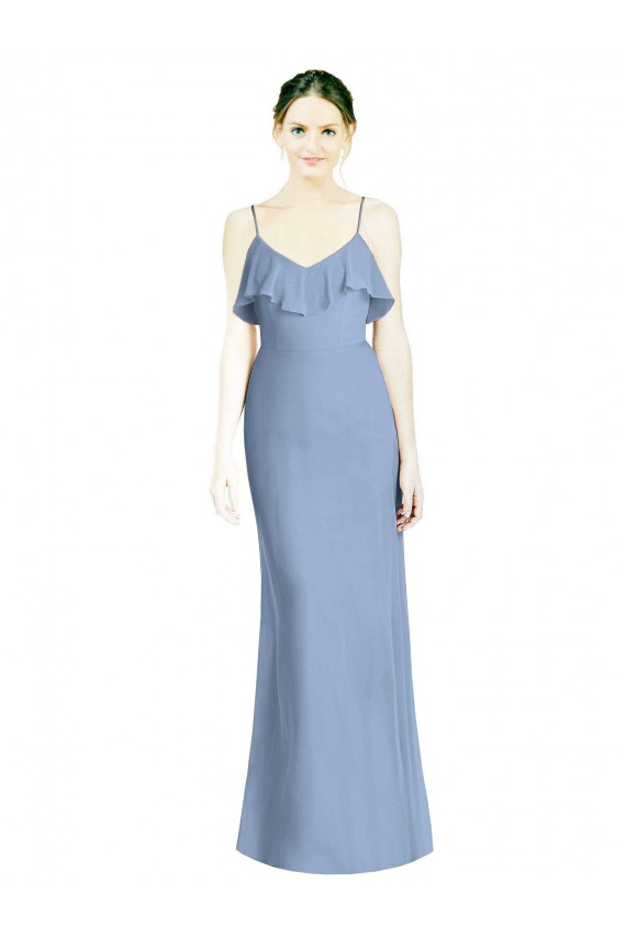 A-Line V-Neck Soft Chiffon Long Dusty Blue Bridesmaid Dresses Sydney