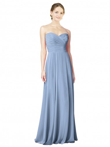 A-Line Strapless Chiffon Long Dusty Blue Wedding Party Dress Sydney